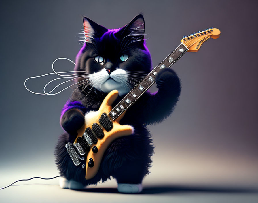 Anthropomorphic black cat in sunglasses playing electric guitar