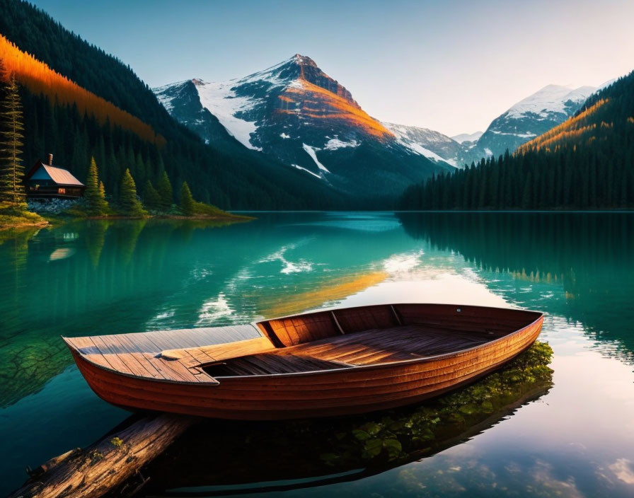 Tranquil lake with wooden boat, cabin, and snowy mountains at sunset