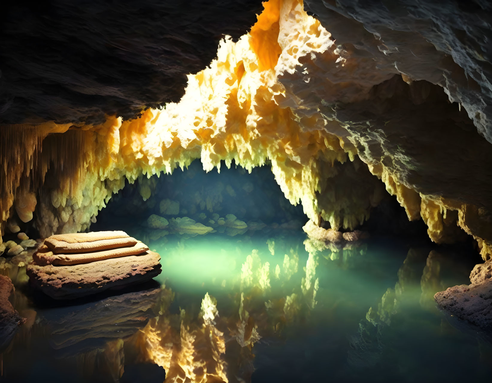 Tranquil underground cave with stalactites and reflective pool