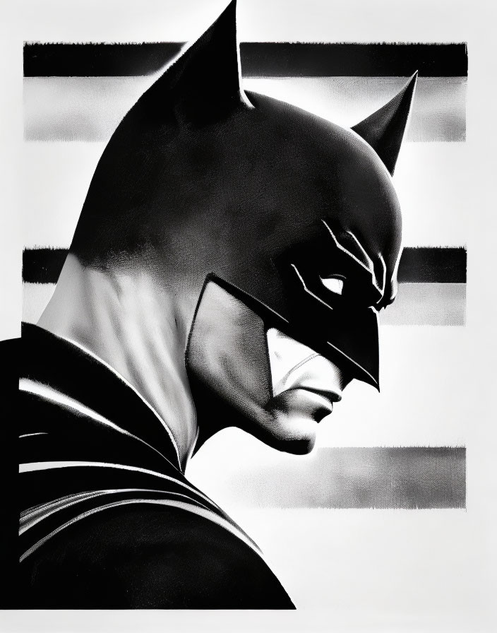 Monochromatic Batman art with sharp contrasts on striped backdrop