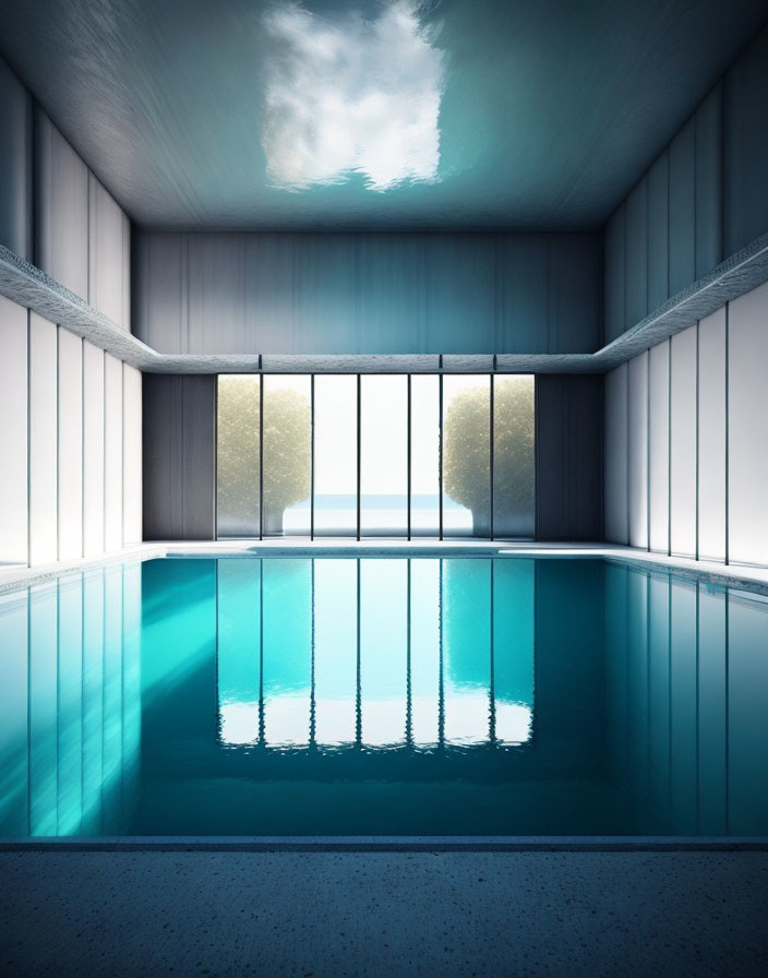 Reflective indoor pool with large window overlooking trees and clear sky