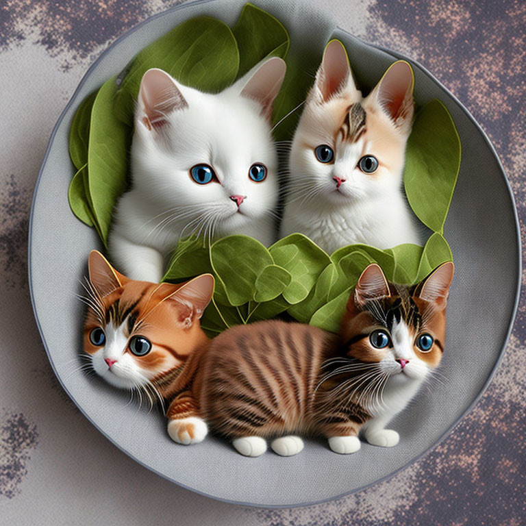 Four adorable kittens with striking eyes in a bowl surrounded by green leaves.