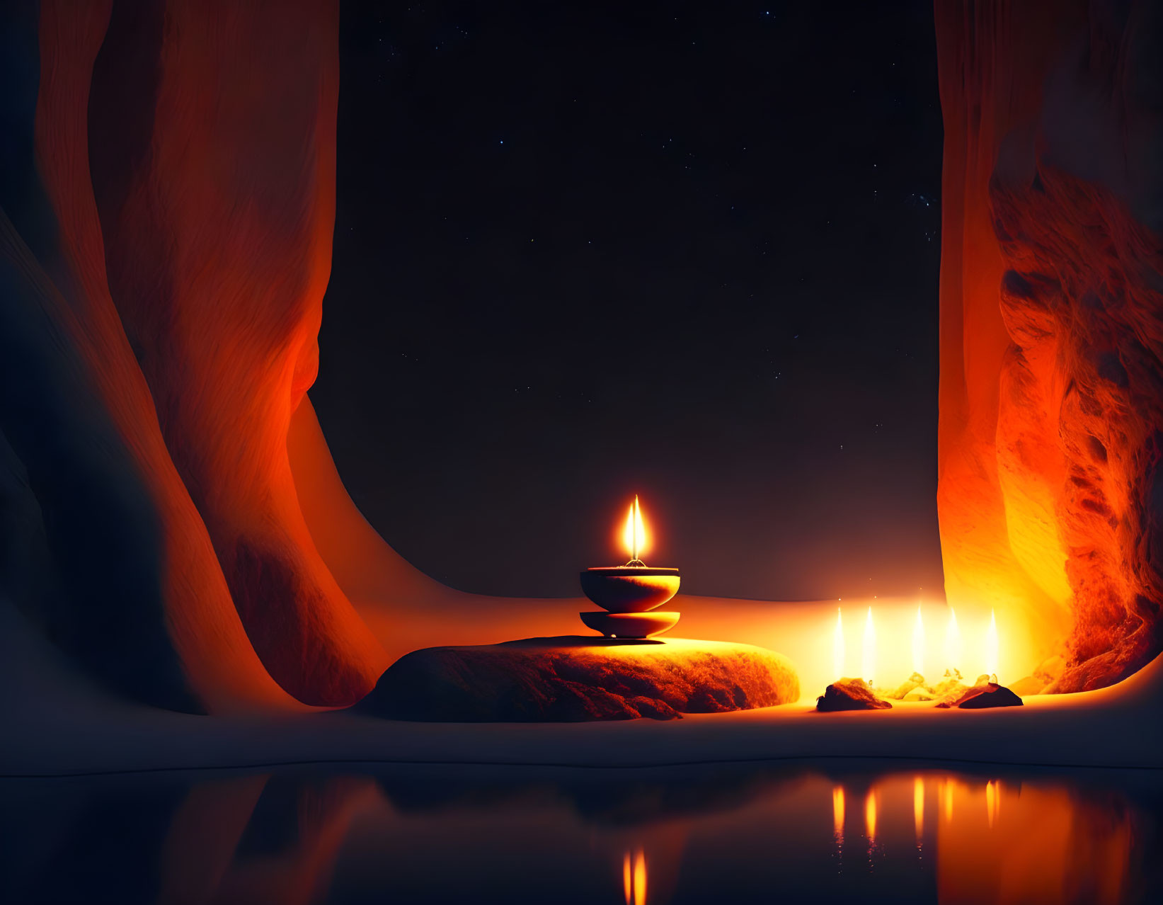 Tranquil cavern with central flame, candles, water reflection & starlit sky