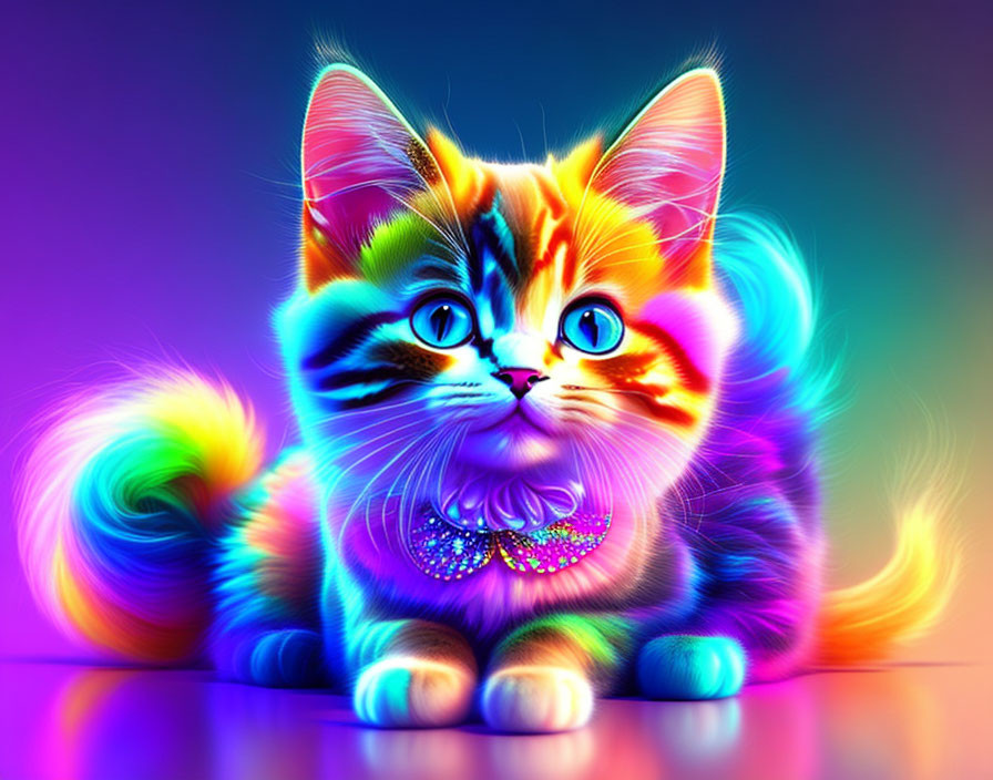 Colorful Digital Illustration: Multicolored Kitten with Blue Eyes & Necklace on Purple Gradient