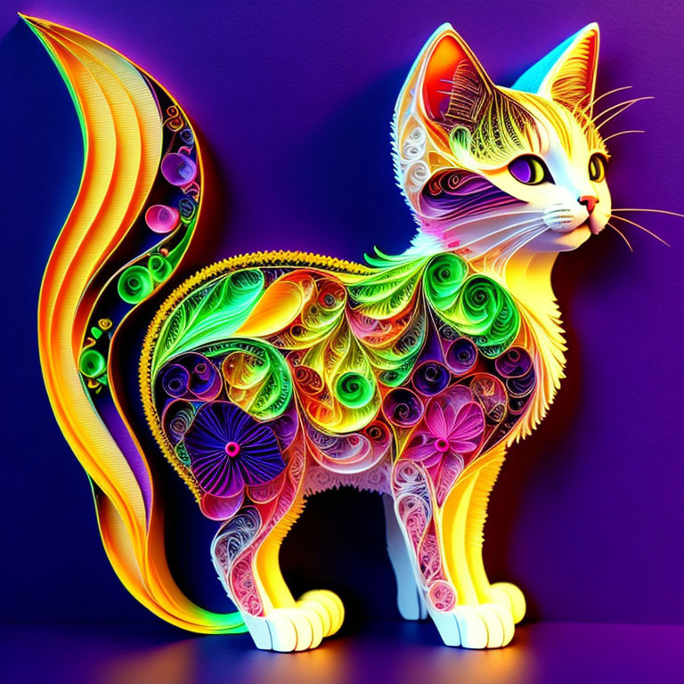 Colorful Digital Artwork: Cat with Swirling Patterns on Purple Background