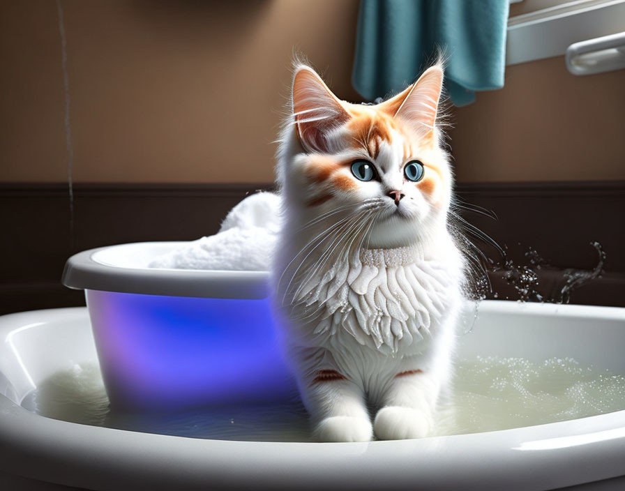 White and Ginger Cat with Blue Eyes in Bathtub Wearing Knitted Collar