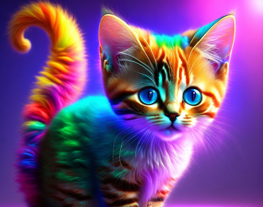 Colorful stylized kitten with blue eyes on purple background