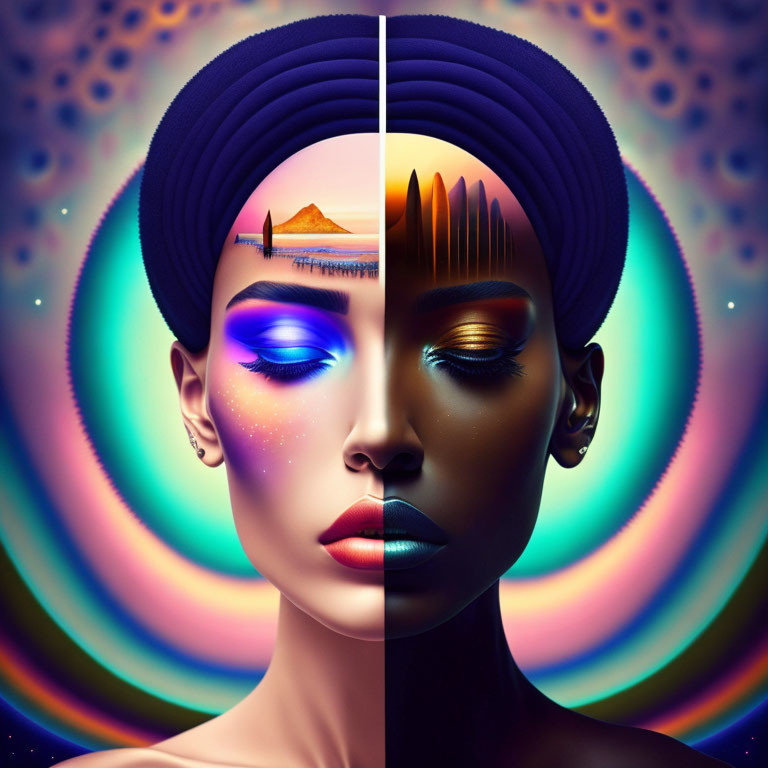 Digital split-face portrait: contemporary woman fused with Ancient Egyptian theme, vibrant colors, cosmic patterns.