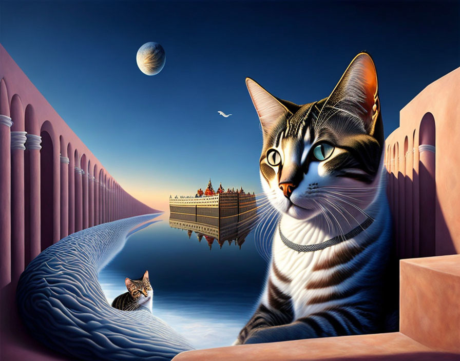 Surreal artwork: giant cat by waterway with smaller cat, serene landscape, cosmic sky