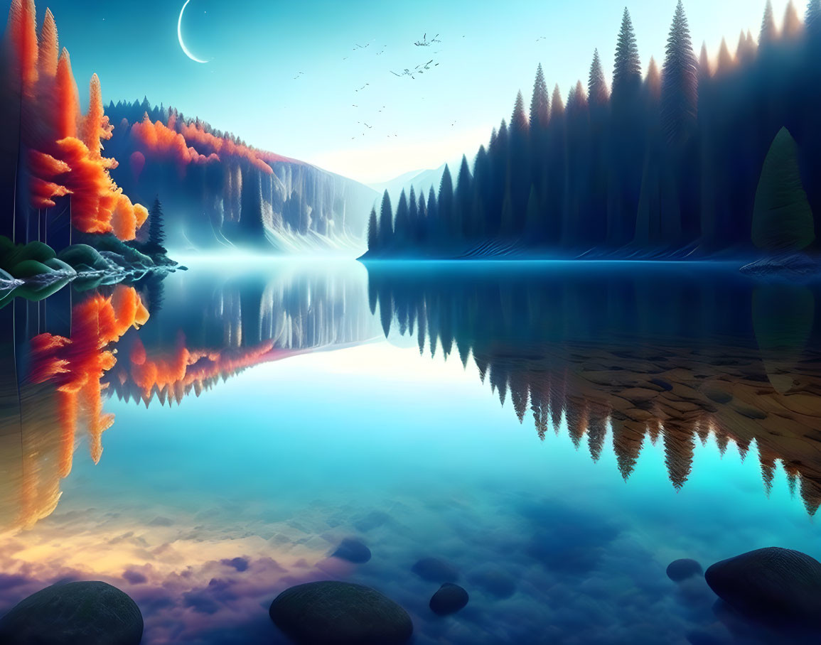 Tranquil twilight landscape with crescent moon, forest reflection, birds, and mystical fog