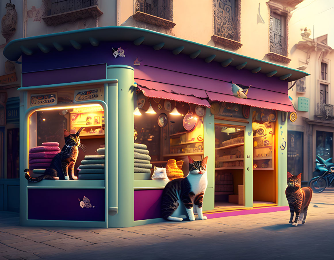 Whimsical cat-themed store illustration with colorful towels and lounging cats on charming street at dusk