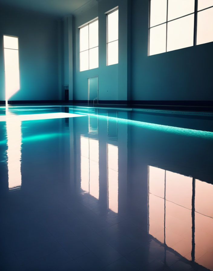 Sunlit indoor swimming pool with reflective water and tiled floor.