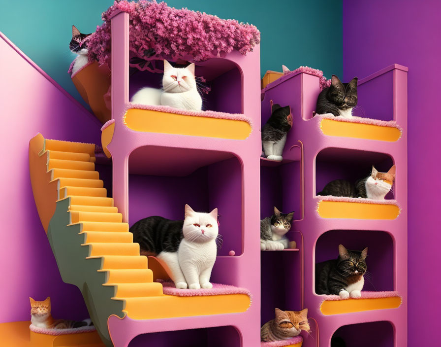 Multiple cats on purple and orange multi-level cat tree with stairs and compartments