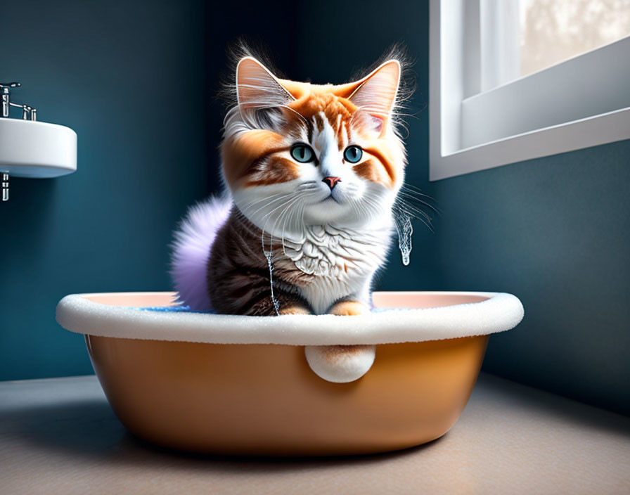 Oversized cat with unique fur patterns in small sink by window