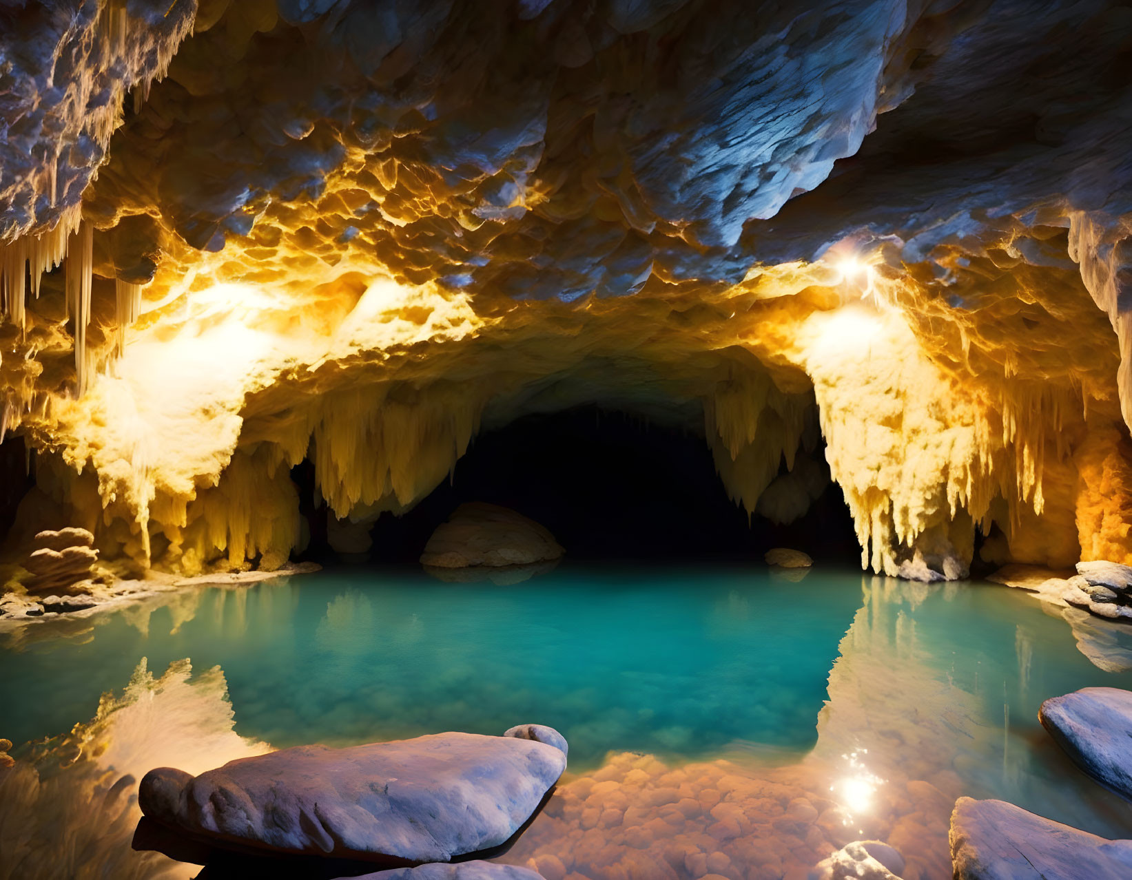 Subterranean Lake in Illuminated Limestone Cave