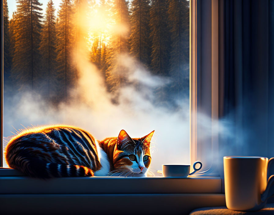 Striped Cat Relaxing on Sunrise Windowsill with Misty Trees and Coffee Cup