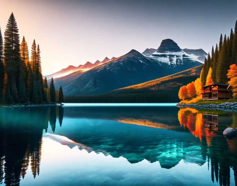 Mountain range and trees reflected in serene lake at sunset with cozy cabin nestled among pines