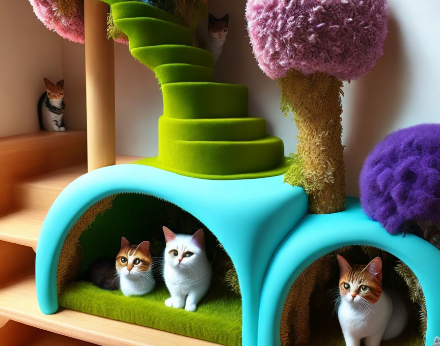 Colorful Cat Tree with Multiple Levels and Playful Kittens