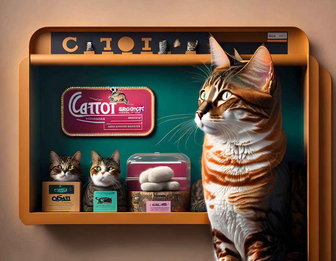 Digital image: Striped cat with pet food brands on computer screen