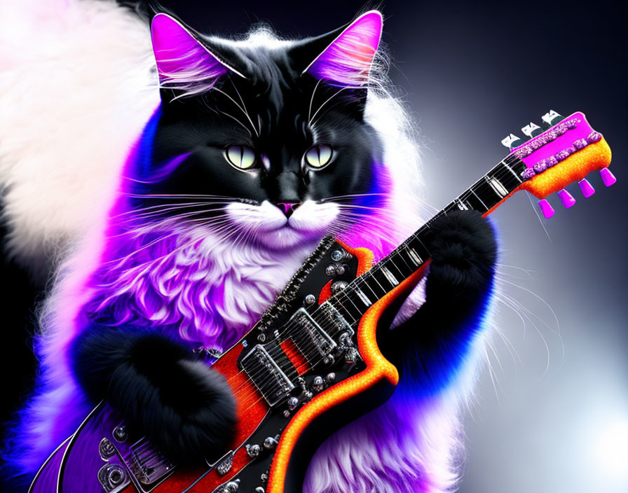 Stylized black and white cat with glowing eyes holding a red electric guitar on purple background