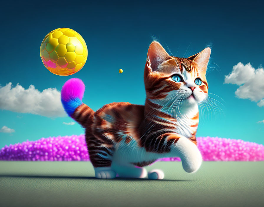 Colorful Stylized Cat Playing with Ball in Floral Setting