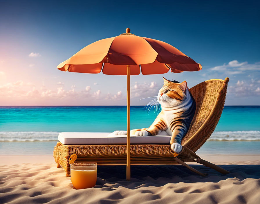 Cat lounging on beach chair by tropical sea with drink