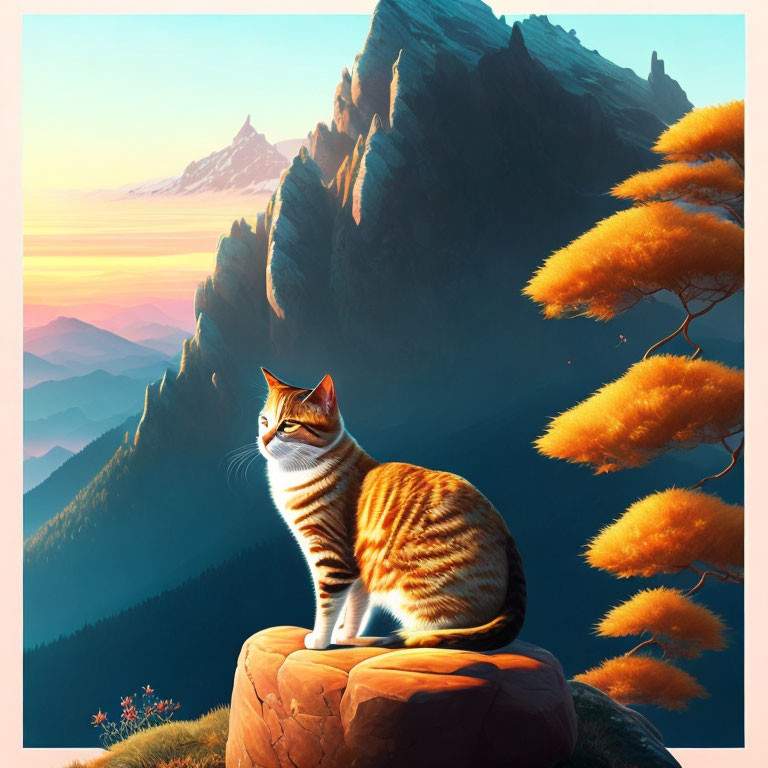 Striped Cat on Rock Overlooking Serene Landscape with Orange Trees and Mountains