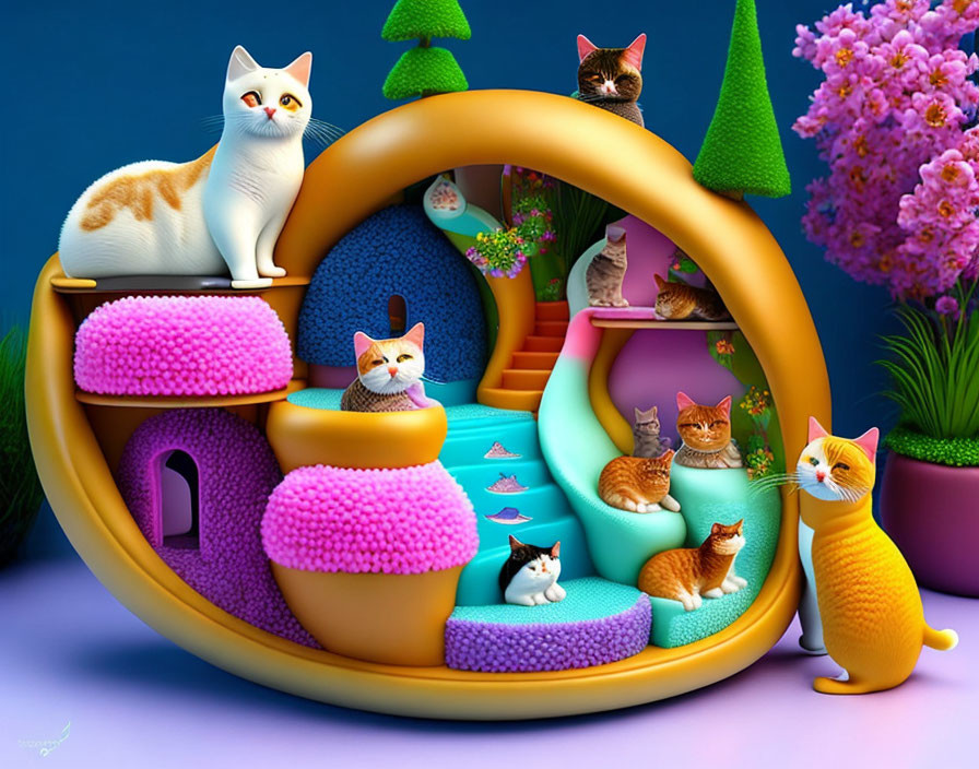 Vibrant digital art: Cats lounging in whimsical structure on blue background