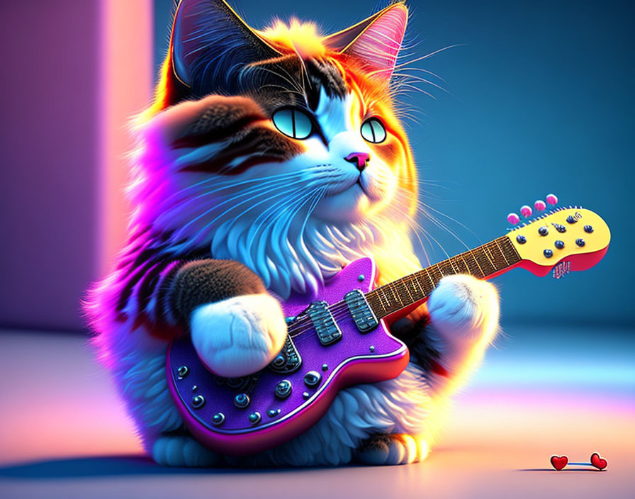 Anthropomorphic cat playing electric guitar with music-themed hearts