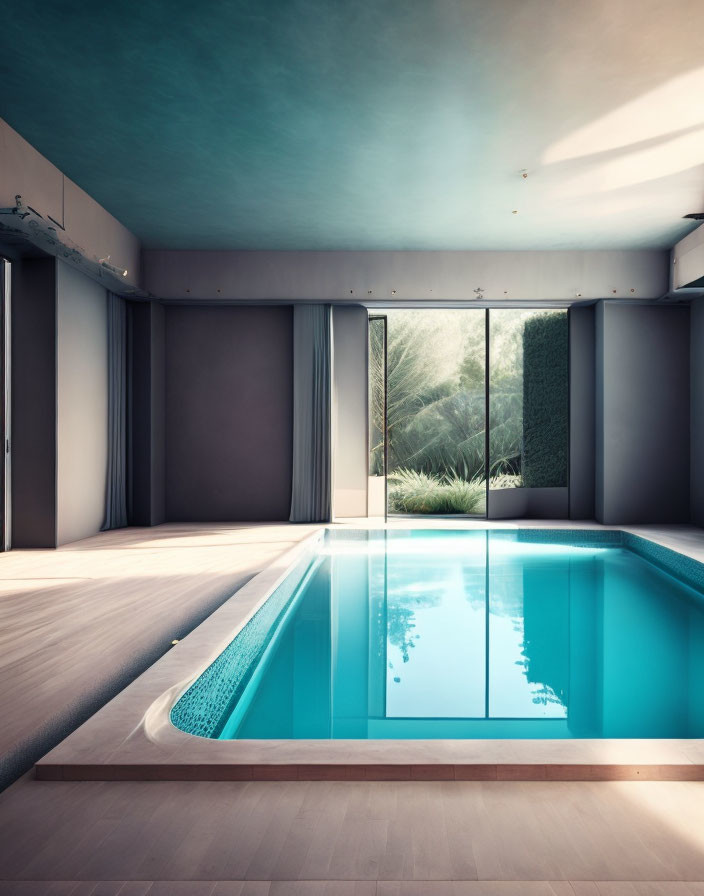 Tranquil indoor pool with wooden deck and floor-to-ceiling windows