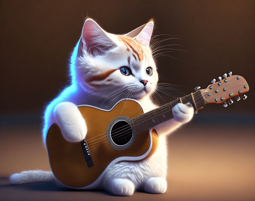 Animated Cat with Blue Eyes Playing Guitar on Brown Background