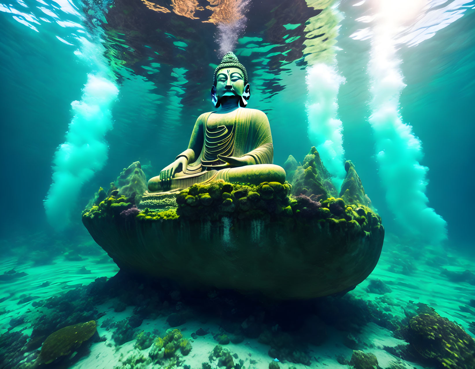 Buddha statue in lotus position submerged in clear blue water