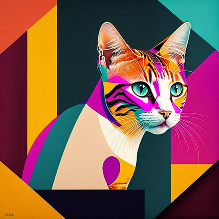 Colorful Stylized Cat Artwork with Geometric Patterns and Bold Hues