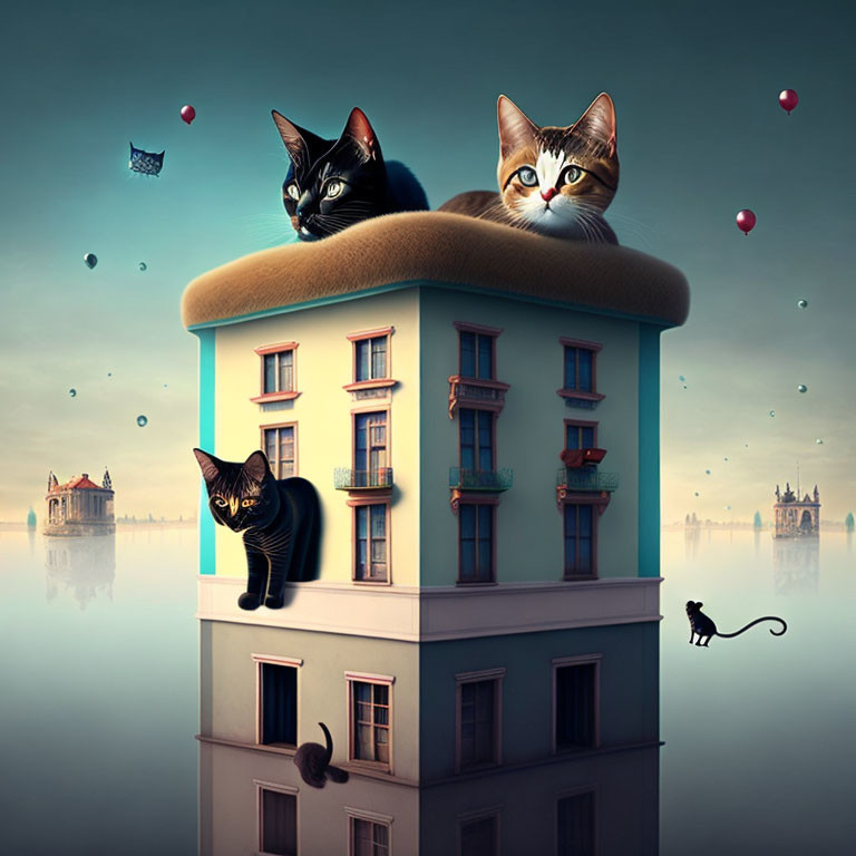 Two Cats on Couch-Like Building in Surreal Sky Setting