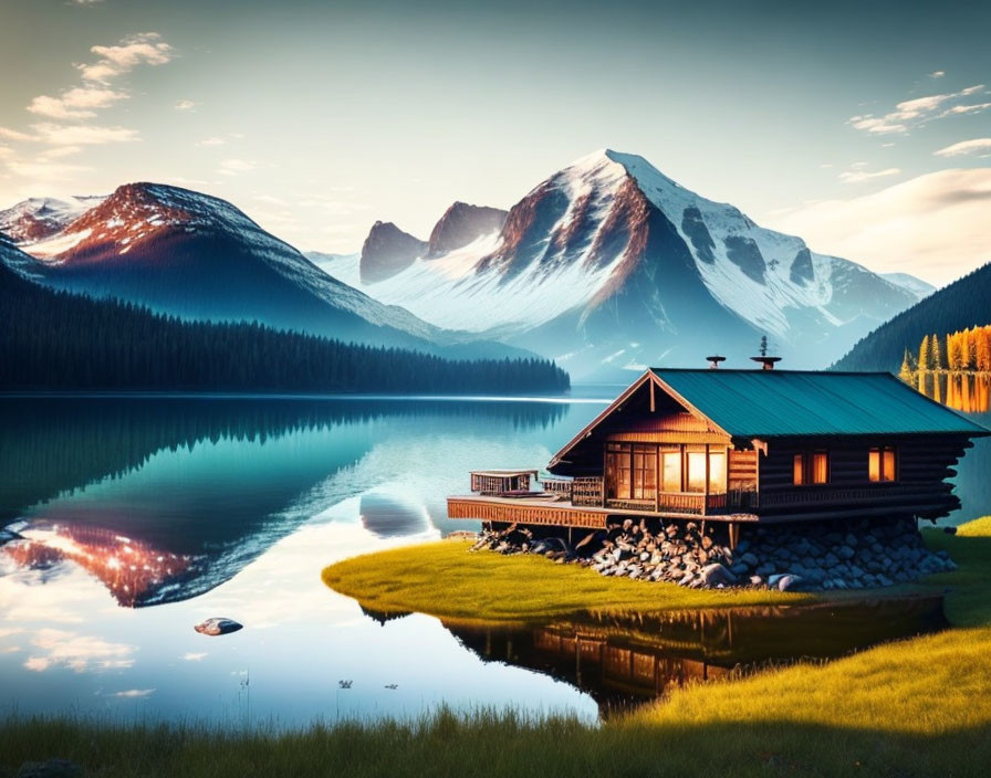 Tranquil lakeside cabin with mountain reflection at sunrise or sunset