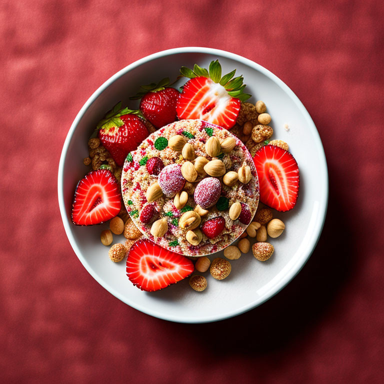 Bowl of Cereal with Nuts and Strawberries on Red Background