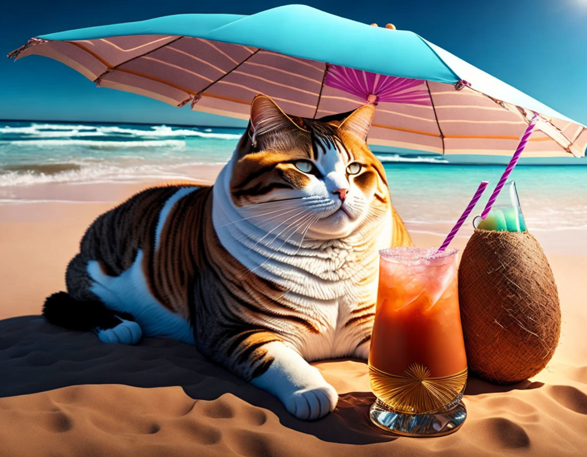 Large cat relaxing under beach umbrella with tropical drink and coconut.