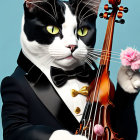 Black and White Cat in Tuxedo with Violin and Pink Flower on Blue Background