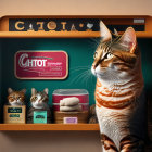 Digital image: Striped cat with pet food brands on computer screen