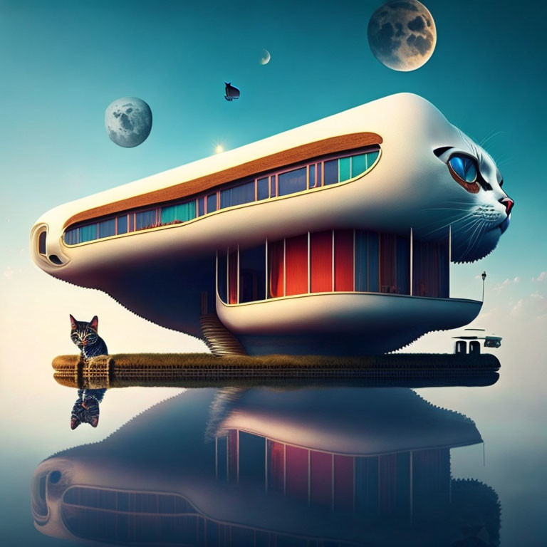 Surreal cat-themed building with planets and small cat in reflective scene