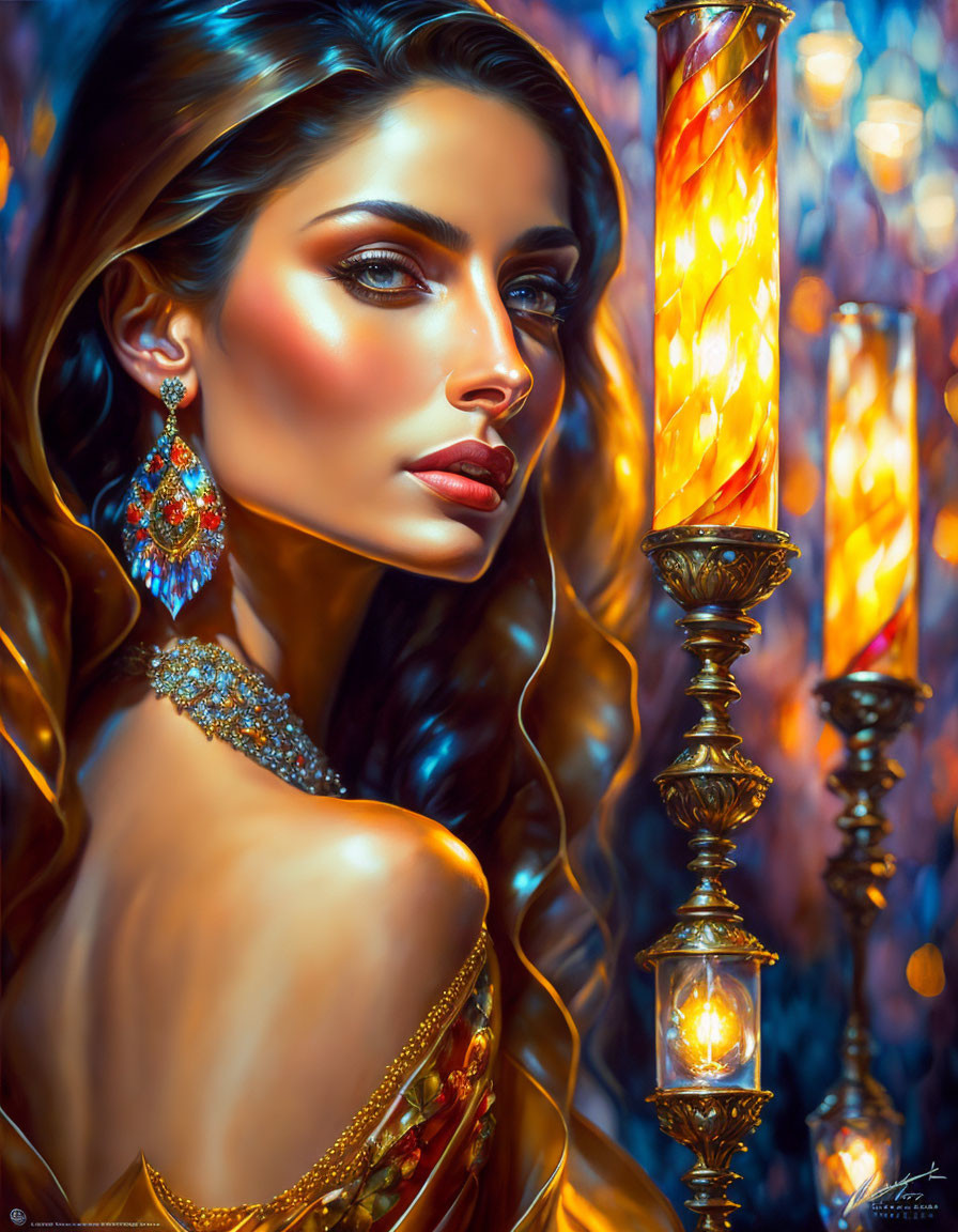 Illustrated woman with shiny jewelry and glossy lips in golden glow.