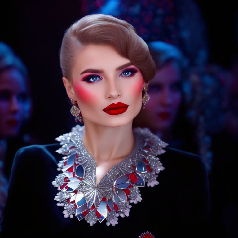 Stylized portrait of woman with bold makeup and accessories against blurred background.