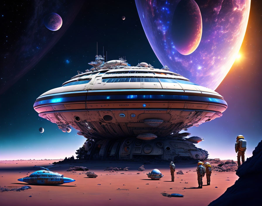 Futuristic spaceship on alien planet with astronauts exploring celestial bodies