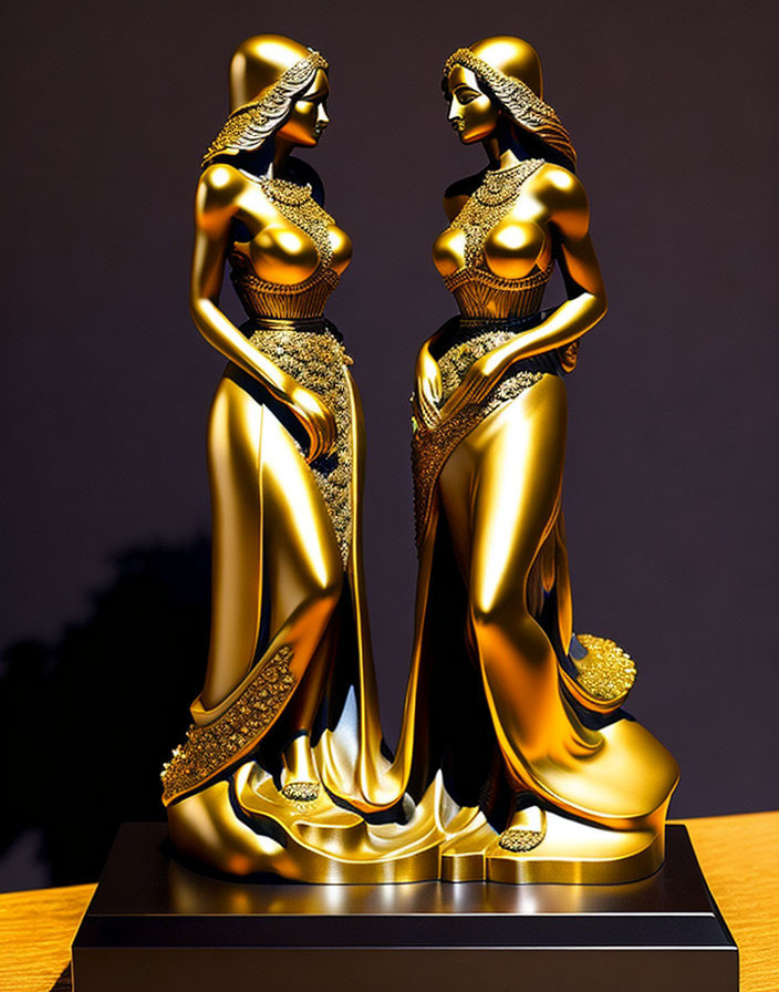 Golden statues of elegantly dressed women with intricate detailing on dark background