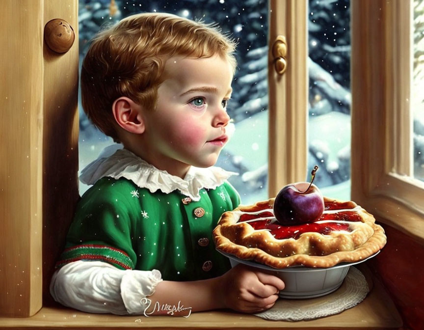 Child in green outfit with cherry pie gazes out snowy window