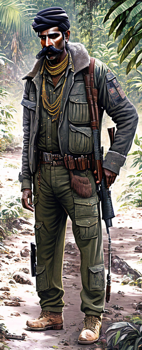 Bearded man in military attire with rifle and pistol in jungle