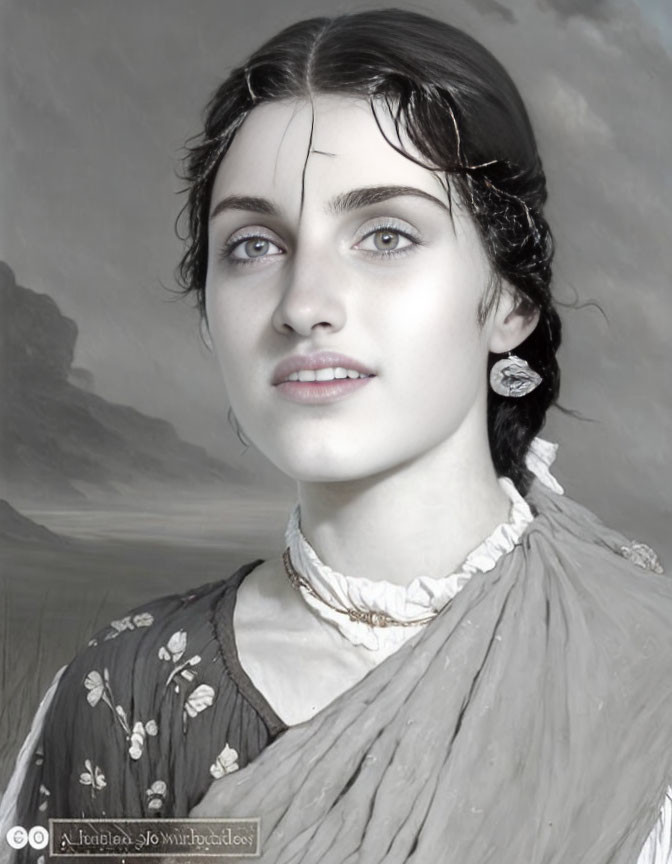 Monochromatic portrait of woman with blue eyes in vintage attire