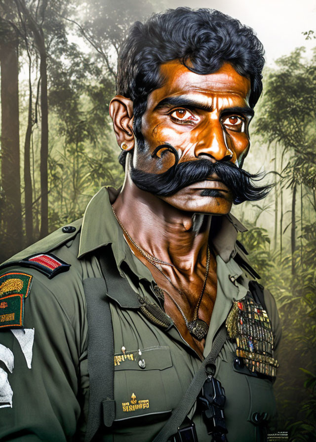 Man with Curled Mustache in Forest Ranger Uniform Portrait