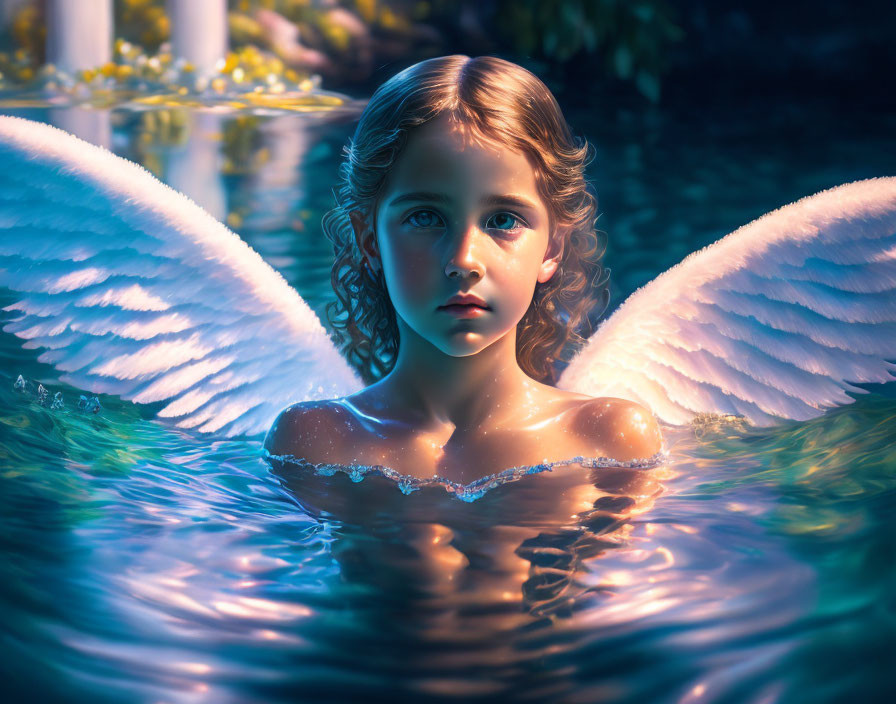 White-winged angel emerging from water surrounded by greenery and blue eyes