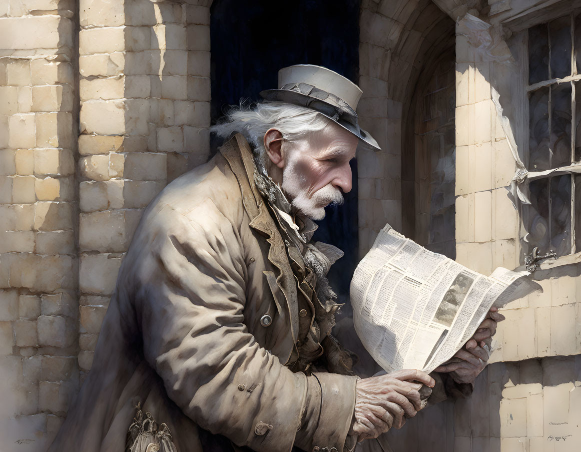 Elderly man reading newspaper by stone window in old building